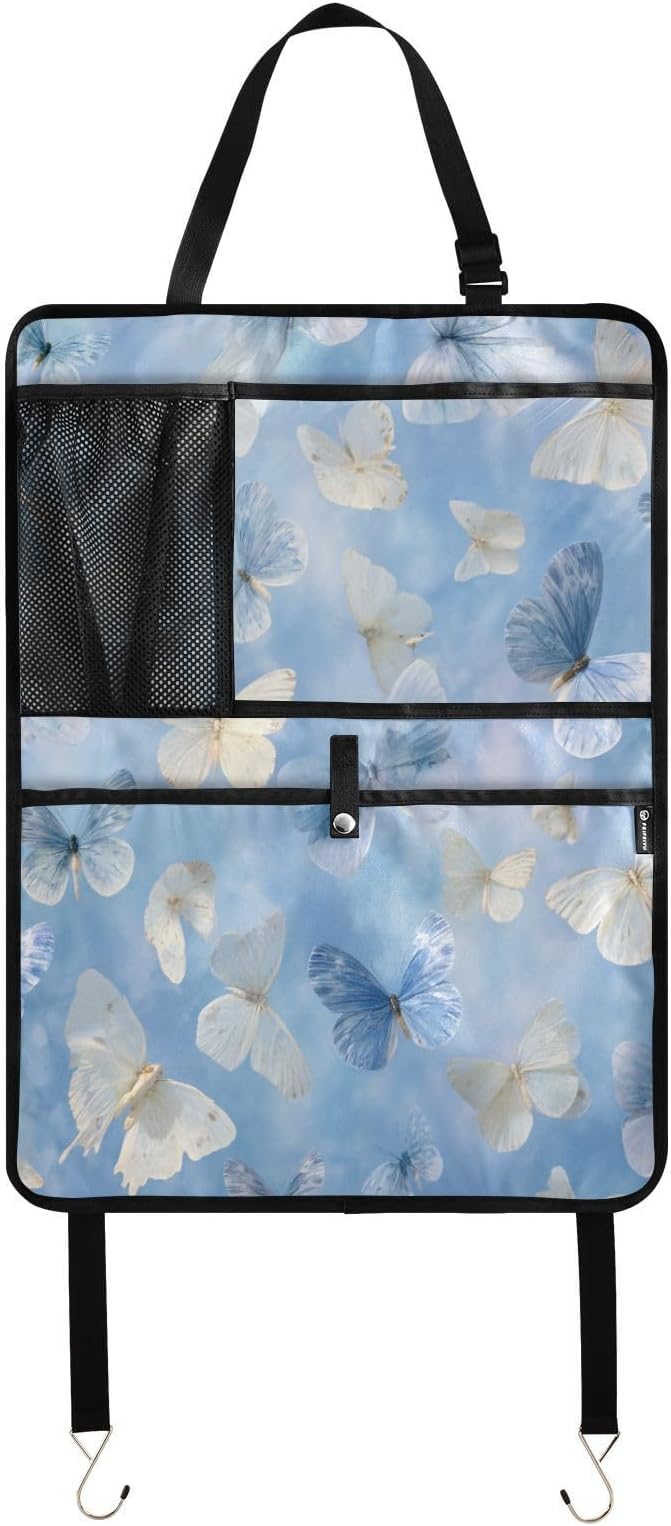 2 Pack Back Seat Car Organizer with Storage Pockets Kick Mats Back Seat Protector Hanging Car Organizer Automotive Seat Back Cover Organizers Sky Blue and White Butterflies