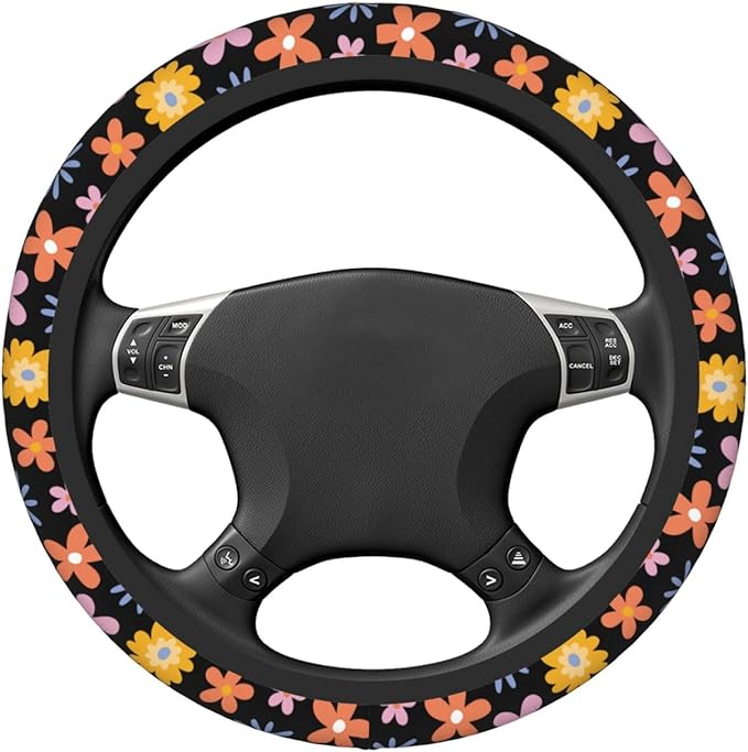 Vintage Daisy Neoprene Steering Wheel Cover Anti-Slip Elastic Flower Floral Steering Wheel Protective Cover 15in Universal Car Accessories Fit Cars, SUVs, Auto