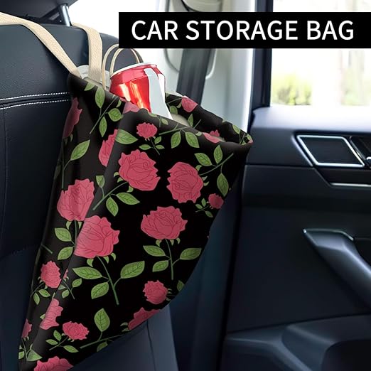 Car Trash Can, Cute Car Trash Bag, Hanging Car Organizer and Storage Bag, Trash Bin for Car Accessories, Vehicle, Travelling, Camping Cute Black Pink Floral