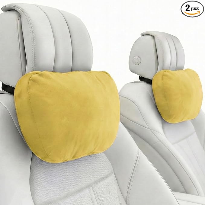 2PCS Car Pillow for Car Neck Pillow for Driving Seat Leather Neck Support Soft Cushion Back Support Head-Rests for Vehicle Sleeping with Elastic Adjustment Strap (Golden, Head)