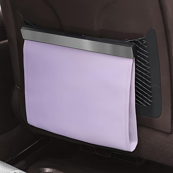 Car Trash Can, Smart LED Magnetic Hanging Leather Vehicle Backseat Garbage Bag Storage Pocket, Multifunctional Portable Auto Rubbish Container, Universal for Truck SUV Sedan (Purple)