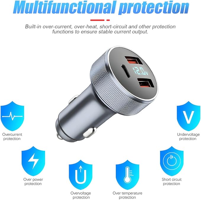 72W Fast Car Charger Adapter, Dual USB Fast Charging Type C Car Charger with LED Display Adapter, QC 3.0 PD Cigarette Lighter Adapter for Laptop Smartphone, 3 in 1 Power Delivery for All Car