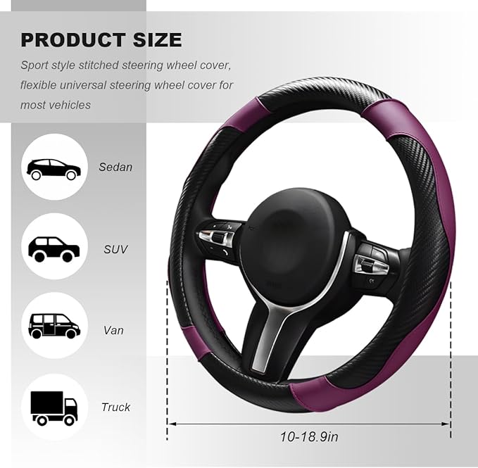 Car Steering Wheel Cover, 15 Inch Carbon Fiber Elastic Vehicle Steering Wheel Protector, Breathable Leather Auto Wheel Covers for Women Men, Interior Car Accessories (Black & Purple)