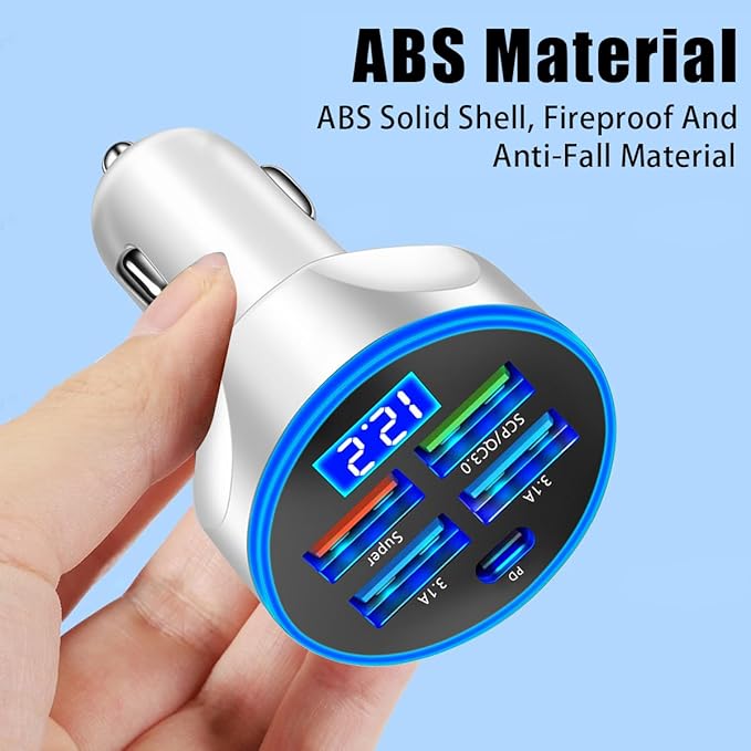 5 Port USB Car Charger, 250W Super Fast Charging Cigarette Lighter Adapter with LED Voltage Monitor, 4USB+Type C Multi Port Car Accessories Interior Compatible with Most Smart Phone (White)