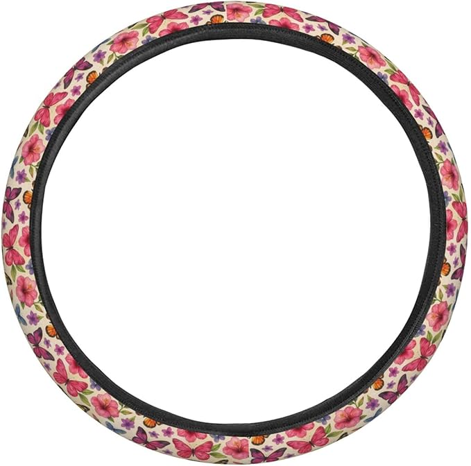 FeHuew Watercolor Butterfly Floral Steering Wheel Cover for Women, Girls 15 inch Universal Auto Car Anti Slip Wrap Steering Wheel Covers Fit for Vehicles, Truck, SUV