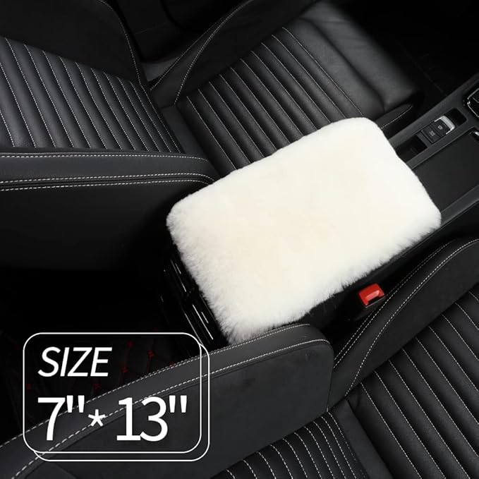 IRIWOOL Sheepskin Armrest Cover Auto Center Armrest Cover Car Soft Console Pad, Fluffy Wool Auto Center Console Cover for Most Car Arm Rest Decoration Protector 7 x 13 Inch (Shearling, Ivory White)