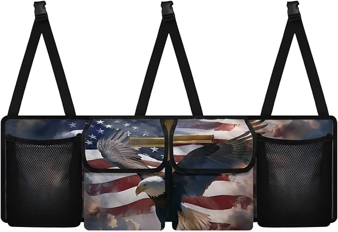Car Storage Organizer New Version, Hanging Trunk Organizer with 4 Functional Storage Bags, Car Trunk Storage Bag for SUV Truck MPV VAN,American Flag Eagle Cross Patriotic Religious