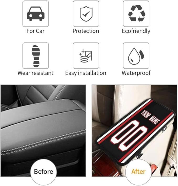Custom Car Armrest Cover,Add Personalized Name and Number As Gifts for Loyal Football Fans,American Football Auto Center Console Pad Car handrail Box Cushion,Fit for Most Car Seat Box Cover Protector