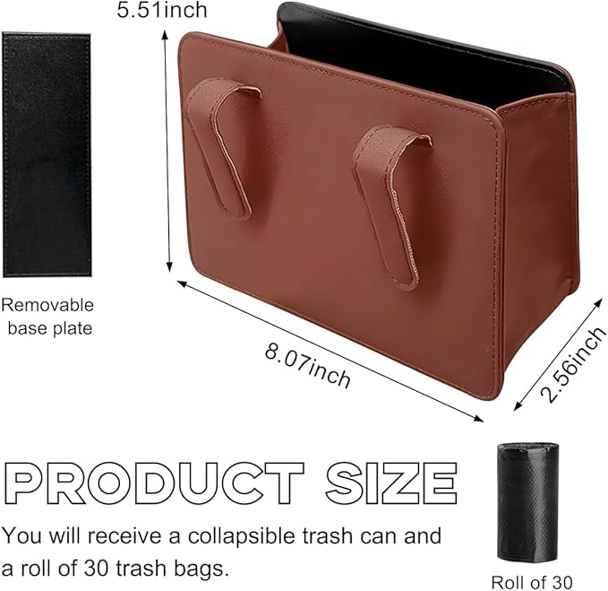 Car Trash Can, Foldable Waterproof Leather Car Garbage Organizer Holder, Automotive Mini Dustbin Container with One Roll Trash Bag, Universal Interior Car Accessories (Brown)