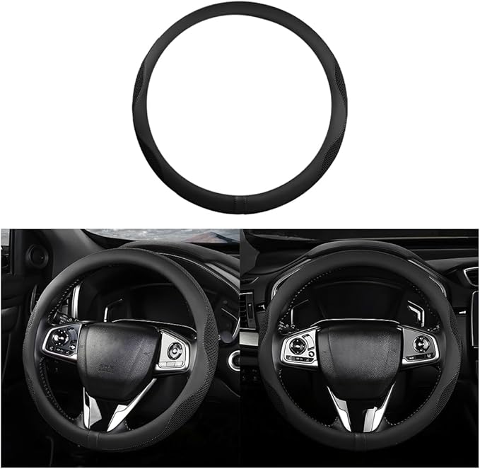 Car Steering Wheel Cover, Microfiber Breathable Ice Silk Leather Steering Wheel Cover Soft Anti-Slip Safety, 15inch Four Season Universal Fits for Most Truck,SUV,Cars (Black Ice Silk)