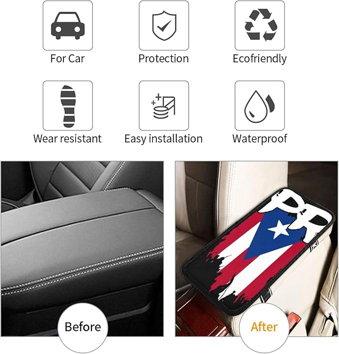 Puerto Rico Flag Pr Puerto Rican Boricua Universal Center Console Armrest Cover Pad Car Armrest Protector for Most Cars, Suvs & Trucks, Cushion with Easy Installation