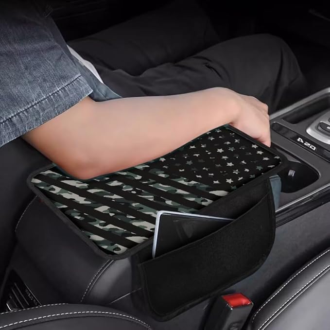 Boatee American Flag Auto Armrest Cover Car Center Console Cover Arm Rest Mat for Car Console Organizer Comfortable Center Console Cushion Pad Vehicle Interior Protection Armrest Cover Protector Black