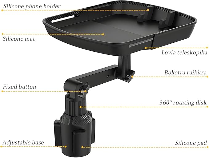 Car Cup Holder Tray Table, Cup Table Holder for Car Drink Holders Tray, 360º Adjustable with Rotating Arm Phone Slot, Non-Slip Stretchable Car Tray for Eating, Cup Table Holder for Car