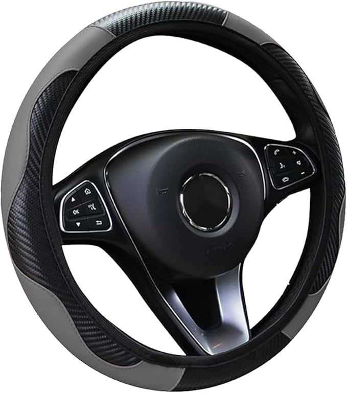 Car Steering Wheel Cover, 15 inch Carbon Fiber Microfiber PU Leather Elastic Steering Wheel Protector for Men Women, Universal Durable Car Decorative Fit for Most Cars, Trucks, SVU(Grey)