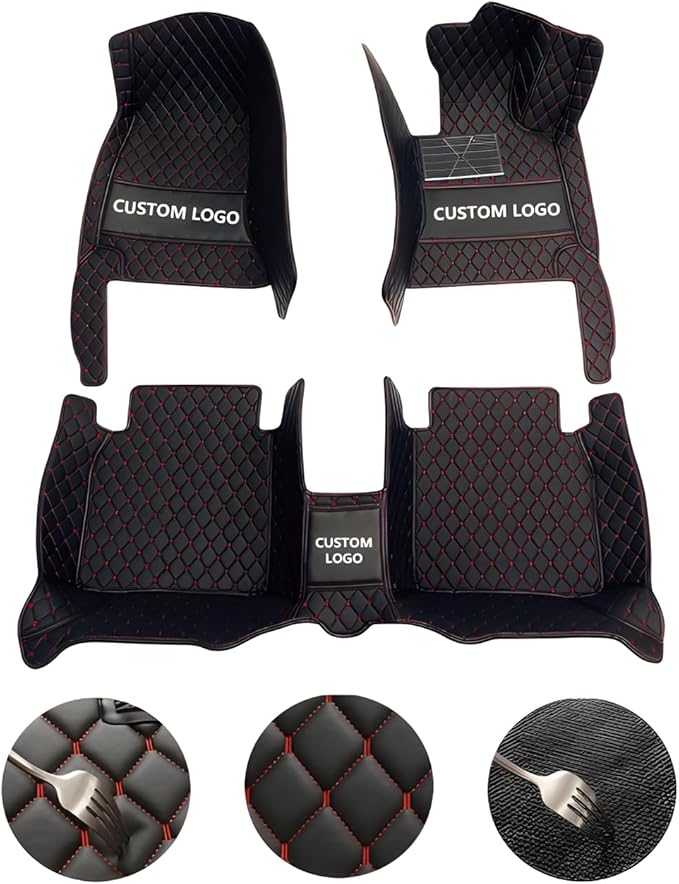 Customize Car Floor Mats for 99% Sedan SUV Sports Car All Weather Leather Full Coverage Waterproof Non-Slip Vehicle Lining Pads (Black Brown Stitching1)