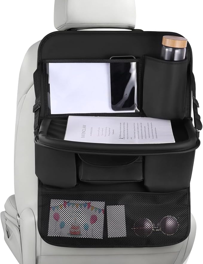 NIMBLOOM Car Backseat Organizer with Foldable Table Tray, PU Leather Car Organizer, 25.2 x 17.7 in, Touch Screen Phone Holder for Back Seat, Compatible with Most Vehicles,Inner Car Accessories, Black