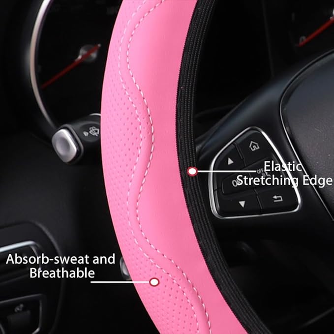 Pink Steering Wheel Cover Elastic Universal 14-15 inch Steering Wheel Covers Soft Microfiber Leather Breathable Anti-Slip Durable Car Accessories Fit for Suvs, Vans, Trucks