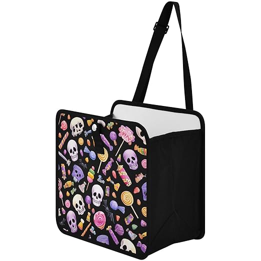 Car Trash Can Organizer Bin with Adjustable Strap for Back Front Seat Console Waterproof Leakproof Collapsible Portable 8.66 Inch Halloween Skulls Lollipops Candies