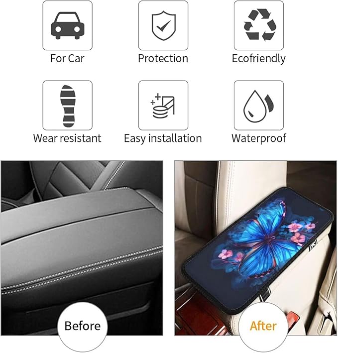 Car Center Console Armrest Cover Blue Butterfly Armrest Pads Fit for Most Cars Sedans Vans Truck Vehicles, SUVs Animal Pink Floral Auto Armrests Cushion