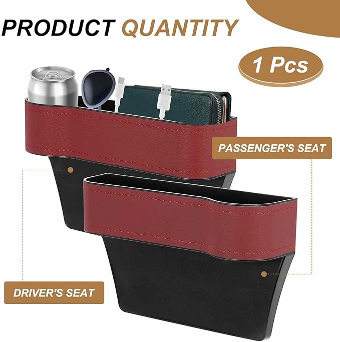 HARFINGTON Car Seat Gap Filler Organizer 10.2 x 6.5 x 3.1 Inch ABS+Leather Universal Car Organizer Storage Box Between Seat and Console (Left) with Cup Holders for Phone Sunglasses Keys, Red