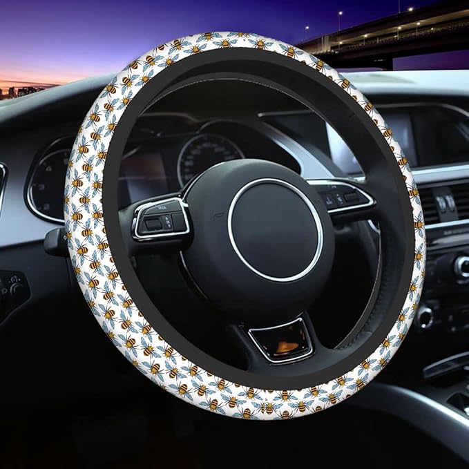 Swono Bee Cute Steering Wheel Cover Universal 15 Inch Cartoon Bees Black and Yellow Neoprene Car Steering Wheel Covers Stretchy Car Accessories for Women