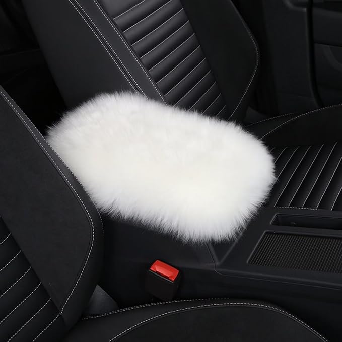 Wool Car Center Console Cover,Universal Fluffy Sheepskin Car Armrest Pad,Car Interior Accessory for Women Men,Armrest Cover Protector for Cars,Vehicles,SUV White