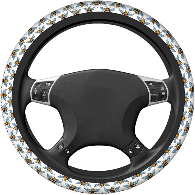 Swono Bee Cute Steering Wheel Cover Universal 15 Inch Cartoon Bees Black and Yellow Neoprene Car Steering Wheel Covers Stretchy Car Accessories for Women