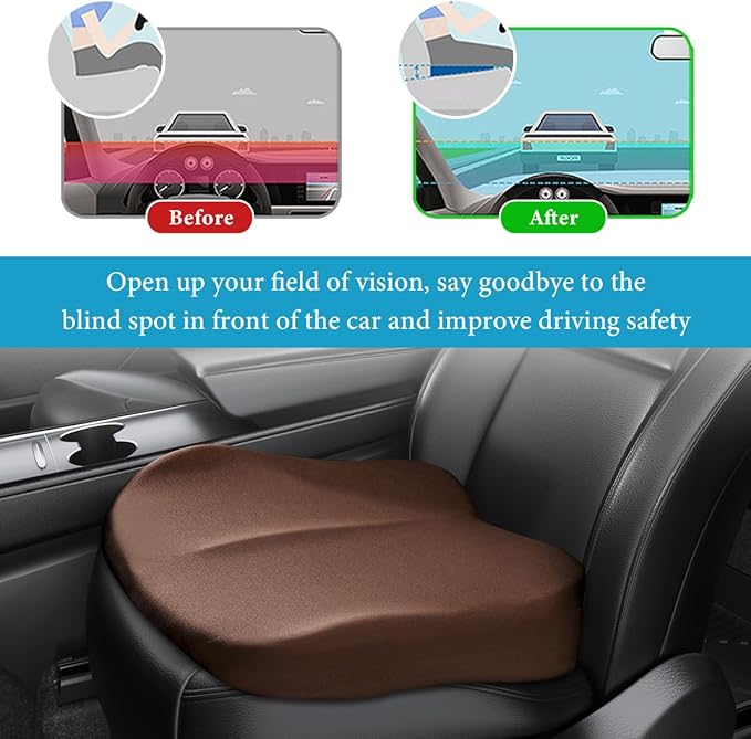 Car Seat Cushion, Comfort Ergonomic Memory Foam Seat Cushion for Tailbone Back Pain Relief, Breathable Car Cushion Suitable for Short People Driver to Get Better View (Coffee)