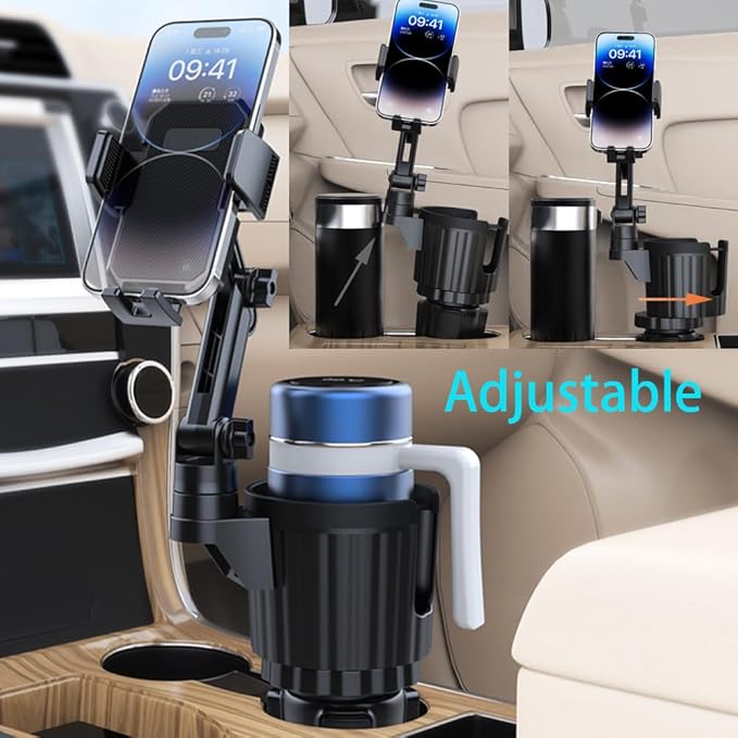 Car Cup Holder Expander 40oz with 360° Rotation Cell Phone Holder, Adjustable Base Fits Most Cup Holder and Phones, Compatible for Stanley Hydro Flask Yeti Nalgene