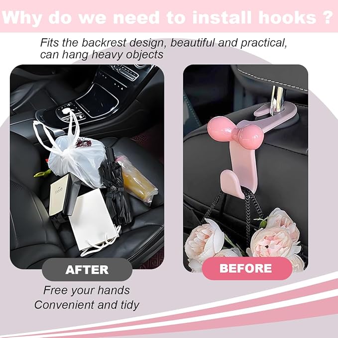 BELOMI 4PCS Car Seat Headrest Hooks, Cute Bow Vehicle Back Seat Hanger for Purses Bag, Auto Interior Backseat Storage Hanging Organizer Accessories, Universal for SUV Sedan Truck (Black)
