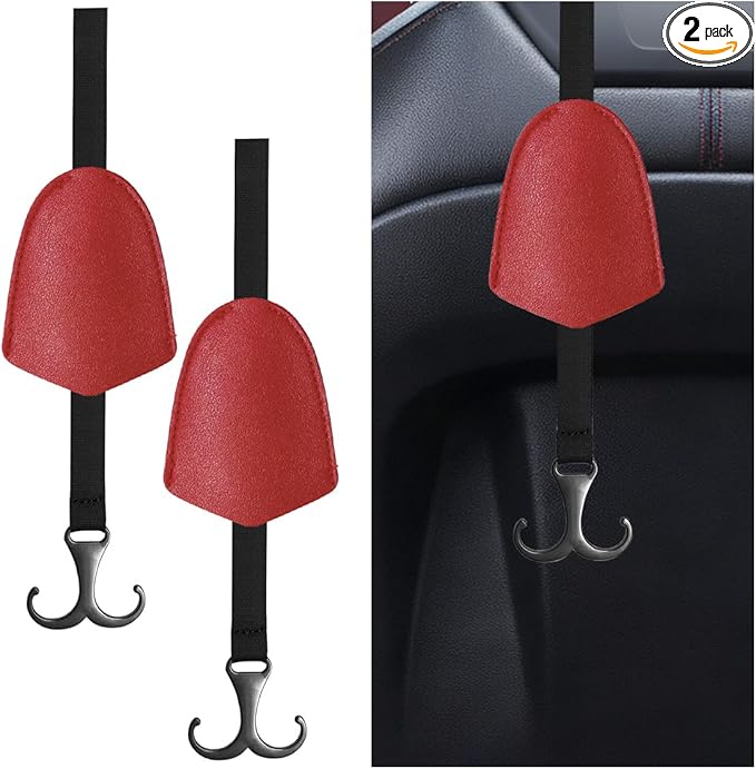 2PCS Car Seat Hooks for Headrest, Leather Car Seat Back Storage Hanger with Double Hooks, Universal Hidden Auto Organization Accessories for Purses, Bags, Umbrellas, Handbags (Red)