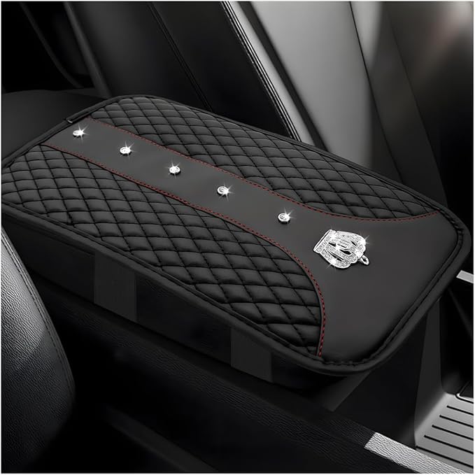 Bling Crown Car Center Console Mats, Anti-Slip and Waterproof Crystal Car Armrest Pad Protector, Universal Rustproof Armrest Decor Cushion for Cars & SUVs, Car Accessories (Black)