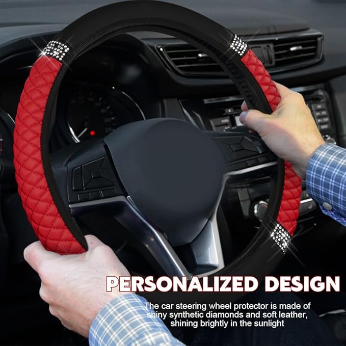 Car Steering Wheel Cover, Steering Wheel Accessories, Breathable Microfiber Leather Auto Wheels Protector, Universal 15 Inch Anti-Slip Protector for SUV Sedan Truck (Bling-Red)