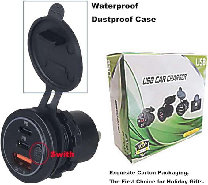3 Ports 18W USB Car Charger with Switch, 12-24V QC 3.0 USB & Dual PD USB C Cigarette Lighter Socket Outlet, Dashboard Mount Quick Charger for Car Motorcycle Truck Marine Boat, Red Light