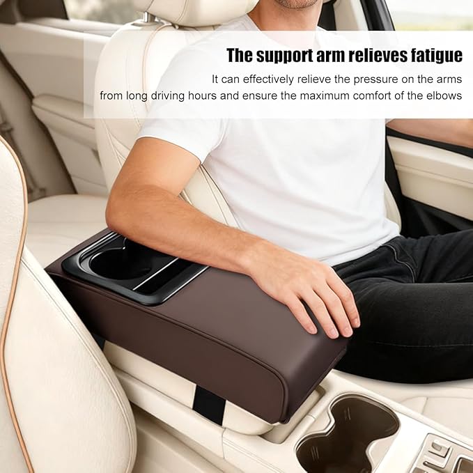Car Center Console Armrest Pillow, Leather Vehicle Middle Console Protection Cushion with Cup & Phone Holder, Waterproof Automotive Arm Rest Box Cover Accessories, Universal Fit (Coffee)