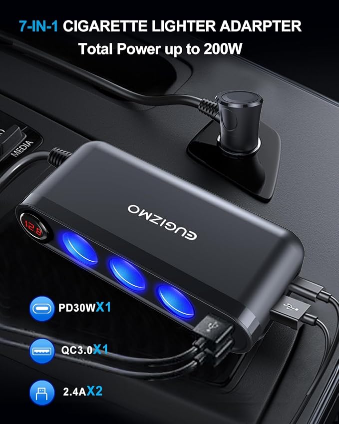 USB Cigarette Lighter Adapter, 200W Car Cigarette Lighter Plug Splitter Adapter USB Charger Extension Cord 3 Socket Way 12V/24V Car Charger Adapte r Splitter Port for Plug Outlet