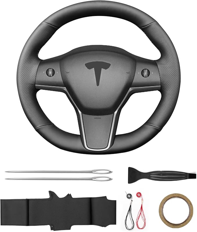 Yeolpise Hand Sewn Steering Wheel Cover,Fit for Tesla Model 3 2017-2023/Model Y 2020-2023,Non-Slip Breathable Microfiber Leather Steering Wheel Cover On Wrap Car Interior Accessories