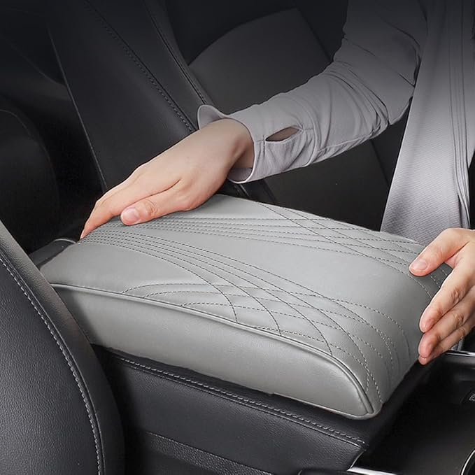 BODLYL Car Center Console Cover, Memory Foam Car Armrest Cushion, Beige Auto Arm Rest Pad, Leather Arm Rest Covering Car, Hand Rest Pillow for SUV/Truck/Vehicle (No.2 Gray)