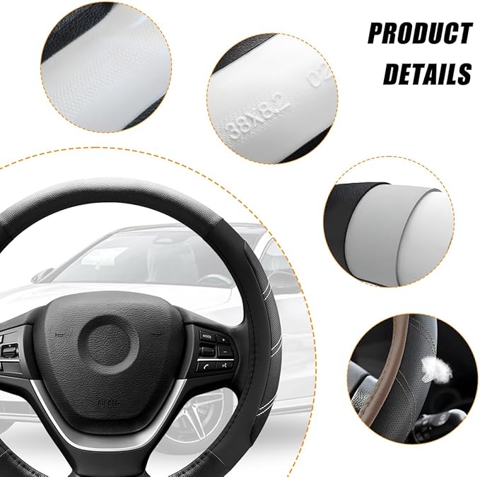 Car Steering Wheel Cover, 15 Inch Carbon Fiber Leather Non-Slip Steering Wheel Protector with Lining, Breathable Automotive Interior Accessories, Universal for SUV RV Truck (Black)