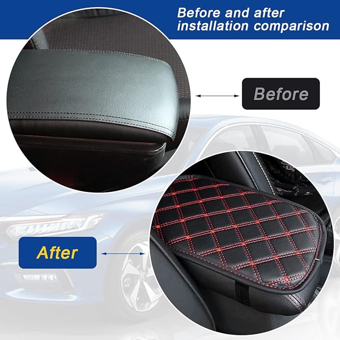 Ziciner Car Leather Center Console Cushion Pad, Comfortable Waterproof Armrest Seat Box Cover Protector, Auto Interior Protection Accessories, Universal for Most Vehivles, SUV,Truck (Black/Red Line B)