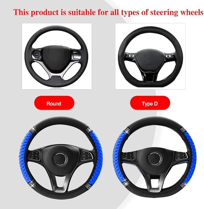 Bling Soft Leather Steering Wheel Cover, Anti-Slip Car Steering Wheel Protector, 15 Inch Rhinestones Soft Leather Elastic Steering Wheel Protector for Women Girls, Car Accessories for Most Cars