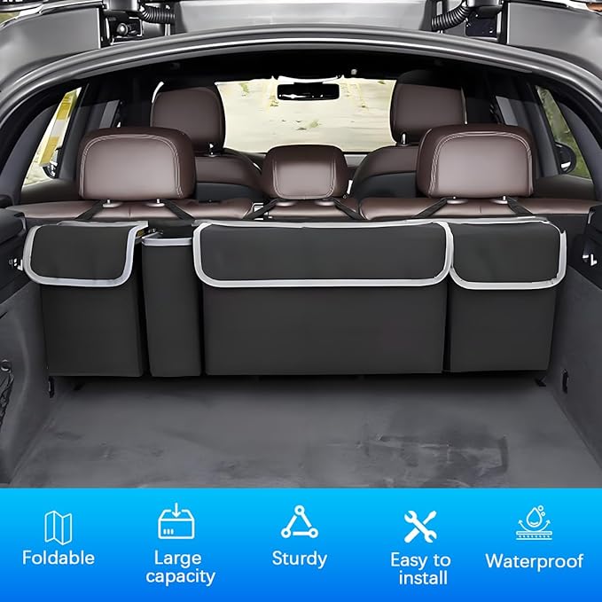 Car Trunk Organizer with Lid, Large Waterproof Vehicle Backseat Hanging Storage Bag with 4 Pockets & Adjustable Straps, Collapsible Automotive Interior Cargo Bag, Universal Fit (Black)