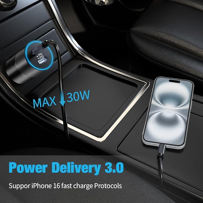 60W Fast USB C Car Charger, Dual 30W PD 3.0 Charging Ports Cigarette Lighter Adapter for iPhone 17 Pro Max 16 15, iPad, Google Pixel 10 9, Samsung Galaxy S25 S24, Android Phone with 3.3ft Type C Cable