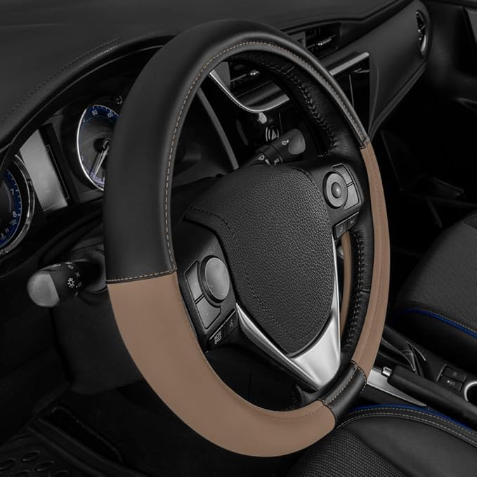 Caterpillar Two Tone Ergonomic Soft Leather Grip Steering Wheel Cover – Strong, Durable and Comfortable Universal Size 14.5-15.5 Inch (Beige/Black) (CASW-2221-BG) (Pack of 2)