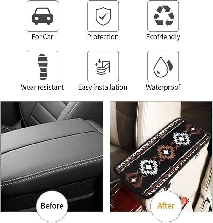 Black Aztec Car Center Console Cover Western Southwest Premium Armrest Covers Scratch & Wear Resistant Car Interior Accessories Native American Middle Console Lid Pad Protector