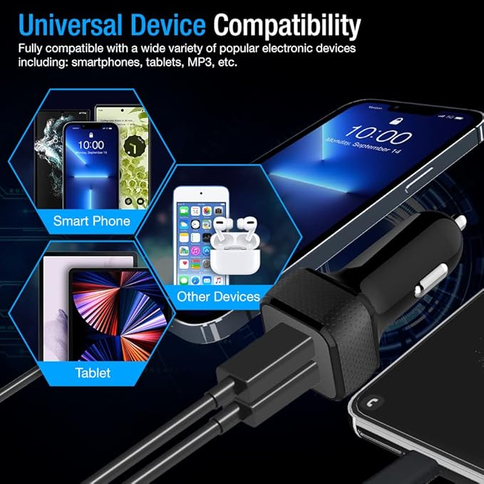 Car Charger 2 Pack, 24W Dual USB Car Charger - Black, SmartUSB Port Car Adapter Compatible iPhone 13/12/11/XR/Xs, iPad Pro/Air 2/Mini, LG, Pixel, Galaxy (Not Compatible with Quick Charge)