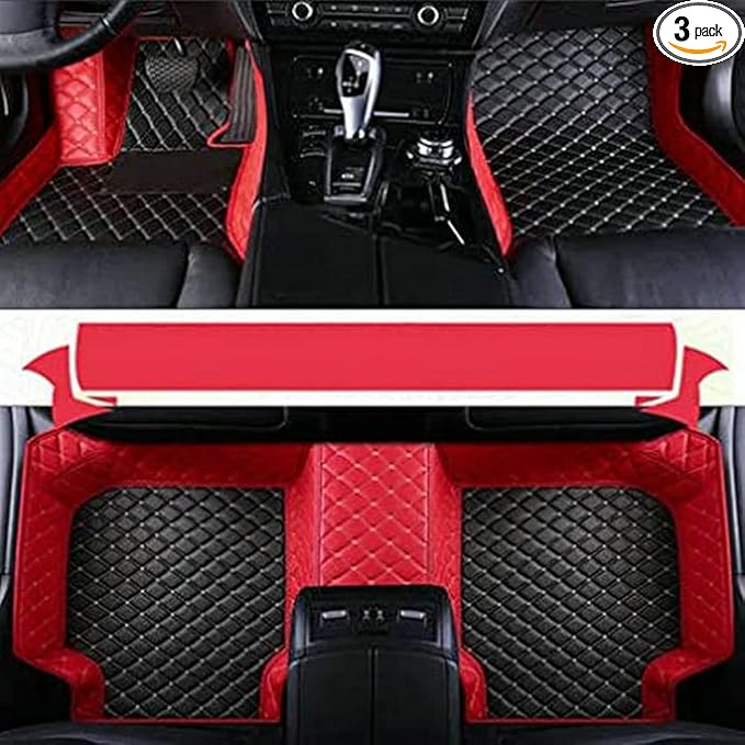 Custom Car Floor Mats Fit 96% Car Model Luxury Leather Waterproof Anti-Skid Full Coverage Liner Front Rear Mat/Set (Black Red 2)