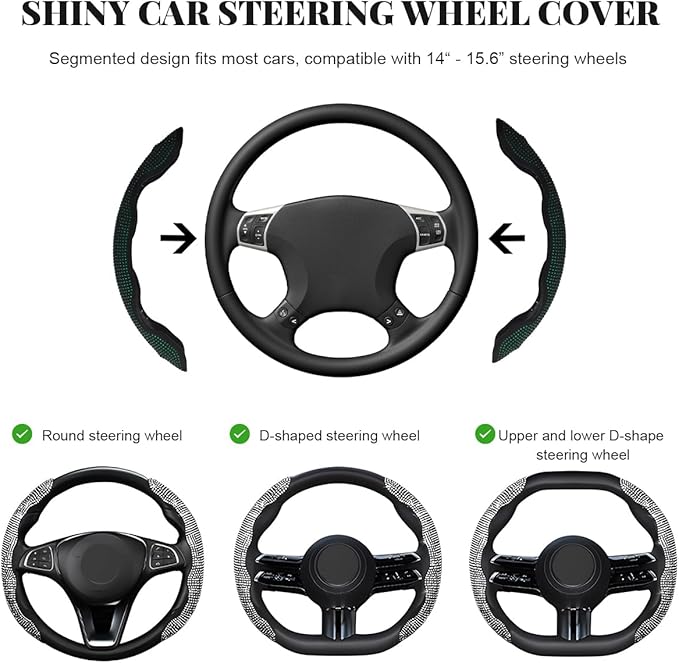 2 PCS Steering Wheel Cover, Segmented Car Wheel Covers with Crystal Rhinestones, Non-Slip Protector Bling Sparkly Decoration for Most Steering Wheels, Car Accessories (Green)