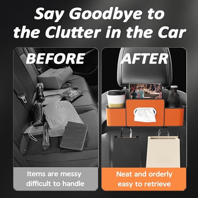 Upgraded Car Organizers and Storage Box, 1/2PCS Multifunctional Headrest Backseat Organizer with 2 Cup Holders, Tissue Box and Hooks, Smart Over-Seat Car Organizer for Most Vehicles (Orange*2)