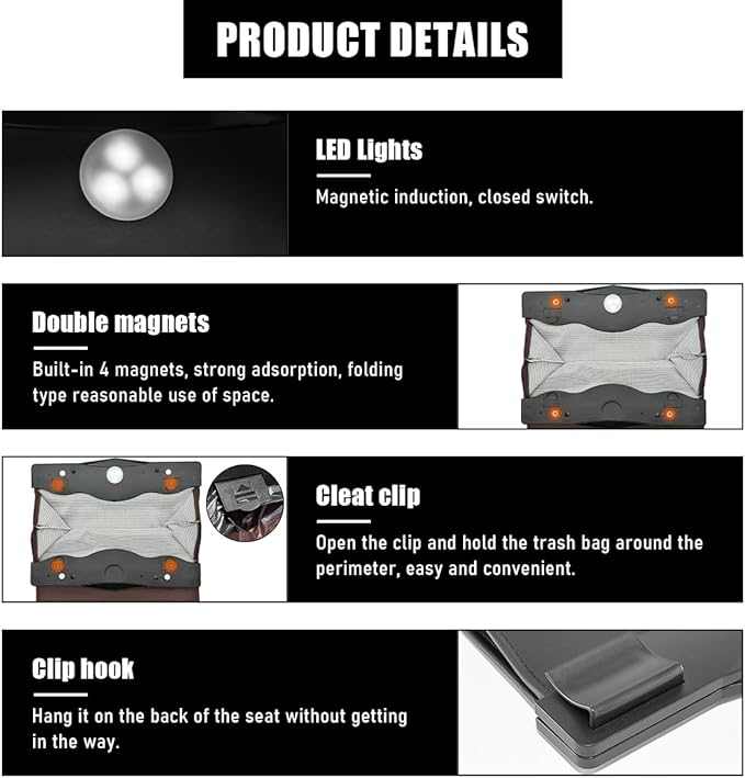 Hanging Car Trash Bag, Foldable Magnetic Garbage Can with Smart LED for Front Back Seat, Multi-Functional Waterproof Leather Rubbish Bag Storage Pocket, Car Accessories (Brown)